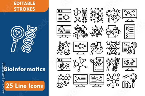 Obraz Bioinformatics Line Editable Icons set. Vector illustration in thin line modern style related icons:virus, bioinformatics, dna, technology, chemistry, pc, monitor, networking, analysis, genetic, 