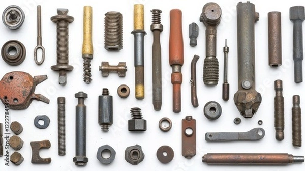 Fototapeta Collection of assorted old metal fasteners and mechanical parts arranged on a white background