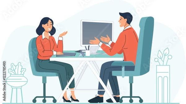 Obraz Job Interview Discussion Between Manager and Candidate Illustration A professional discussion in an office with a manager evaluating a candidate's resume.