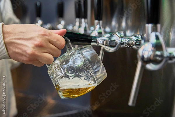 Obraz A hand holds a mug of beer in a self-service beer bar
