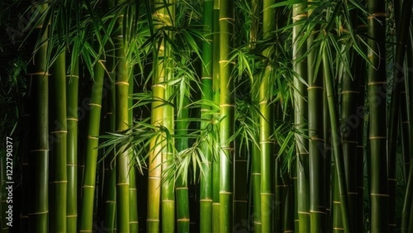 Fototapeta Vibrant green bamboo stalks with delicate leaves illuminated by soft light against a dark background, creating a serene natural ambiance.