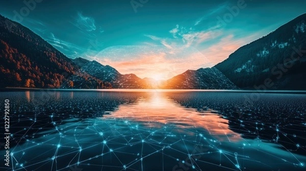 Fototapeta Serene Mountain Lake Sunset Networked Landscape