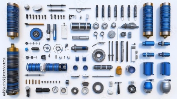 Fototapeta Collection of various mechanical components and tools arranged neatly on a white background