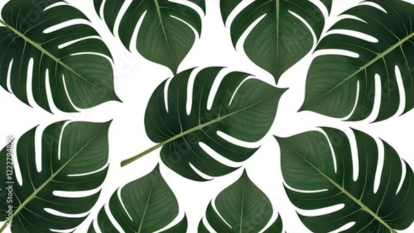 Fototapeta Isolated tropical green leaves arranged flat on a white background featuring multiple shapes and sizes for easy use in design projects.
