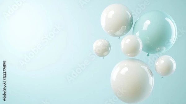 Fototapeta Elegant white balloons floating against a soft blue background, perfect for minimalist design inspiration and serene celebratory themes.