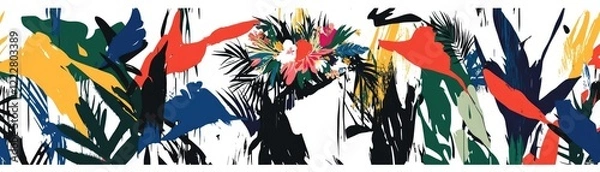 Fototapeta Tropical floral abstract art; vibrant colors, leaves, design; textile print