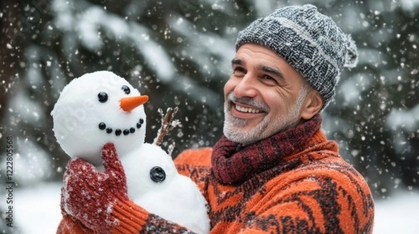 Fototapeta A joyful man holds a snowman in a snowy landscape, showcasing winter fun and happiness.