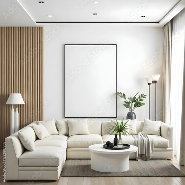 Fototapeta A modern living room featuring a light-colored sectional sofa with plush cushions, a round ottoman in the center, and a framed canvas on the wall.