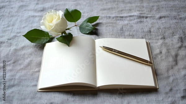 Fototapeta Open Planner on a Table With a Green Leaf and Pen