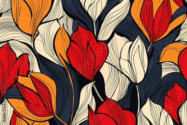 Fototapeta Vibrant floral pattern featuring red, orange, and cream leaves against a dark background, ideal for textiles