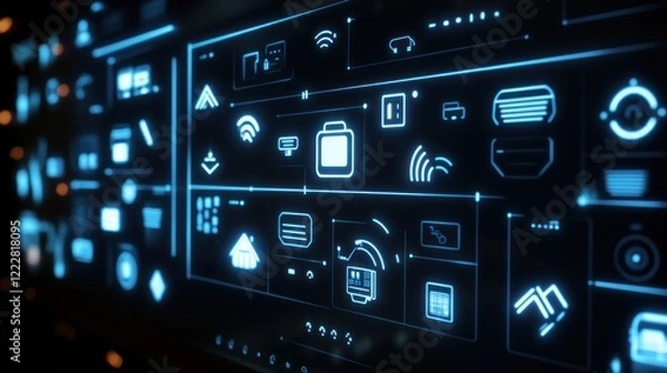 Fototapeta A digital interface displaying various technology-related icons and controls.