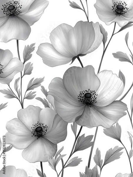 Fototapeta A background of hand-drawn flowers in simple black ink on a white base.