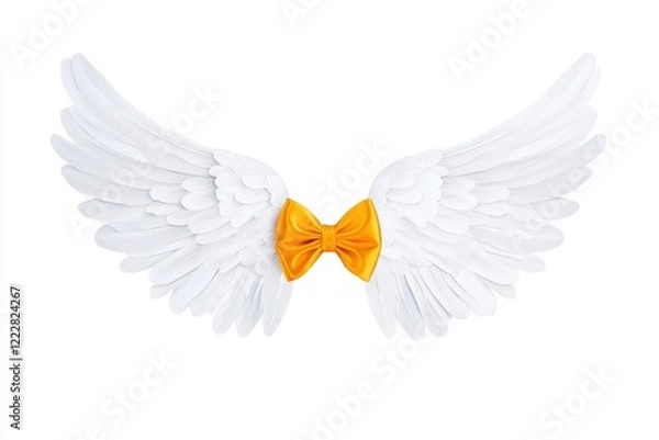 Obraz Elegant white angel wings with a vibrant yellow bow, set against a clean white background, ideal for creative projects