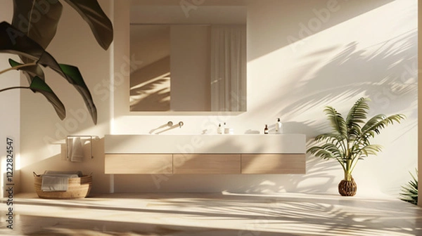 Fototapeta Modern Minimalist Bathroom with Floating Vanity and Frameless Mirror
