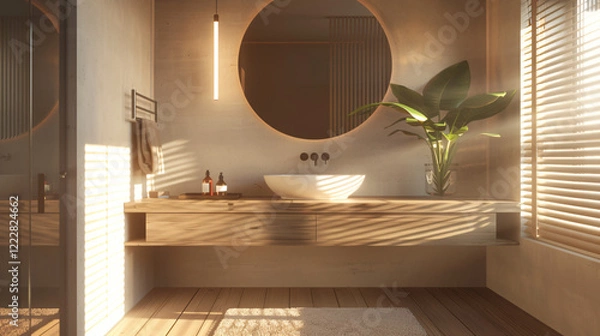 Fototapeta Modern Minimalist Bathroom with Floating Vanity and Frameless Mirror