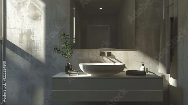 Fototapeta Modern Minimalist Bathroom with Floating Vanity and Frameless Mirror