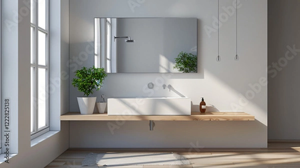 Fototapeta Modern Minimalist Bathroom with Floating Vanity and Frameless Mirror