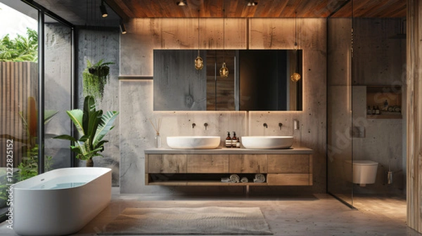 Fototapeta Modern Minimalist Bathroom with Floating Vanity and Frameless Mirror