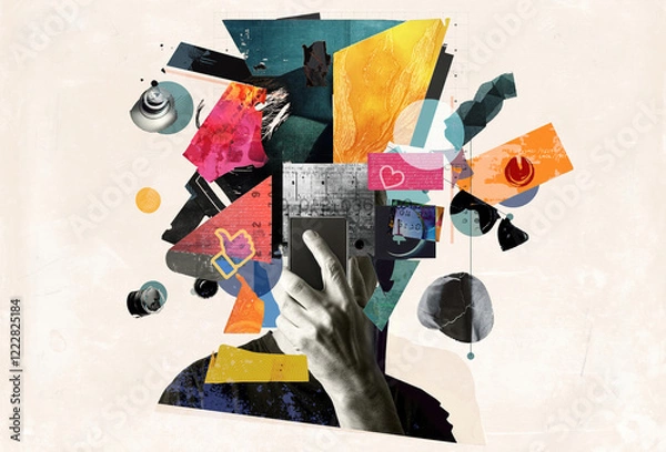 Fototapeta Digital overload and its impact on the human brain, showcasing fragmented thoughts, information overload. Abstract design art collage. Social media digital addiction, mental health, stress, anxiety