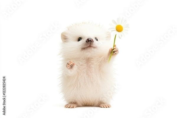Fototapeta Adorable hedgehog holding a daisy flower, showcasing cuteness in a bright, minimalistic setting