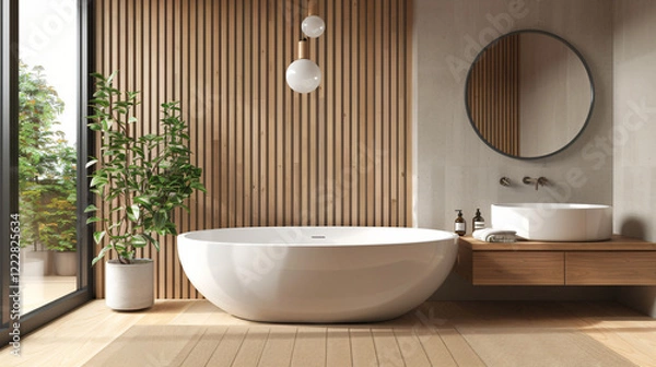 Fototapeta Modern Minimalist Bathroom with Floating Vanity and Frameless Mirror