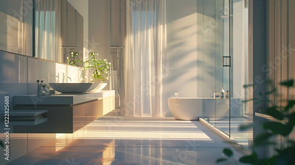 Fototapeta Modern Minimalist Bathroom with Floating Vanity and Frameless Mirror