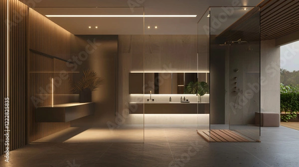 Fototapeta Modern Minimalist Bathroom with Floating Vanity and Frameless Mirror