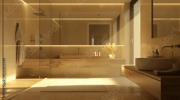 Fototapeta Modern Minimalist Bathroom with Floating Vanity and Frameless Mirror