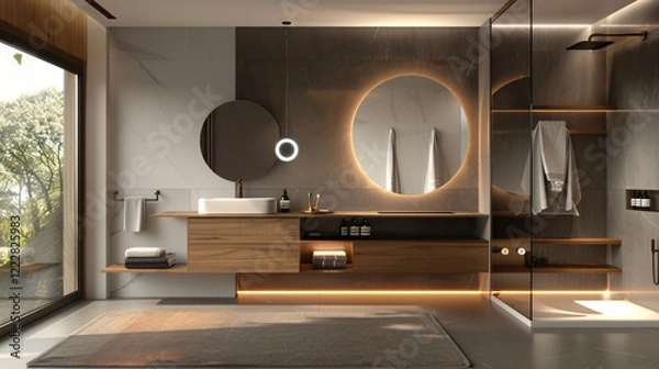 Fototapeta Modern Minimalist Bathroom with Floating Vanity and Frameless Mirror