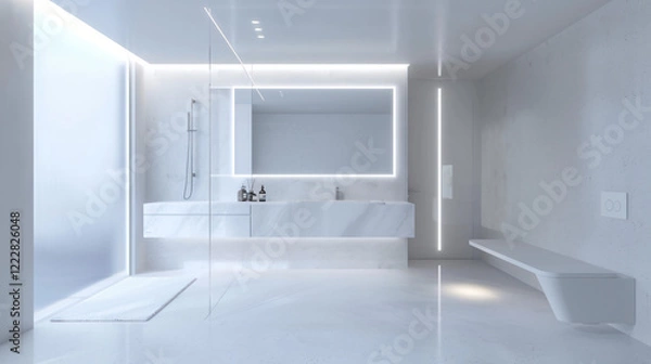 Fototapeta Modern Minimalist Bathroom with Floating Vanity and Frameless Mirror
