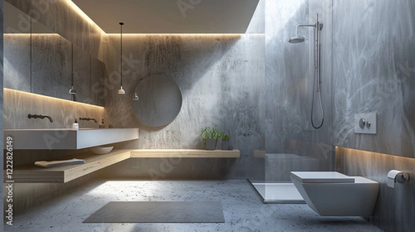 Fototapeta Modern Minimalist Bathroom with Floating Vanity and Frameless Mirror