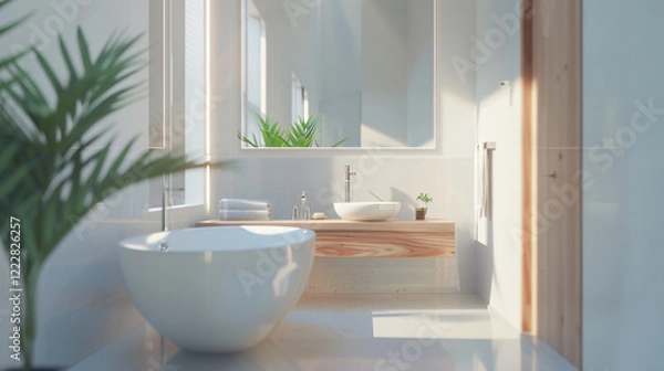 Fototapeta Modern Minimalist Bathroom with Floating Vanity and Frameless Mirror