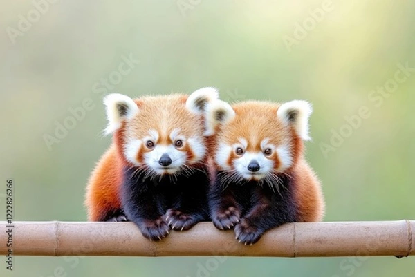 Fototapeta Two adorable red pandas sit closely on a bamboo branch, surrounded by a soft, blurred green background