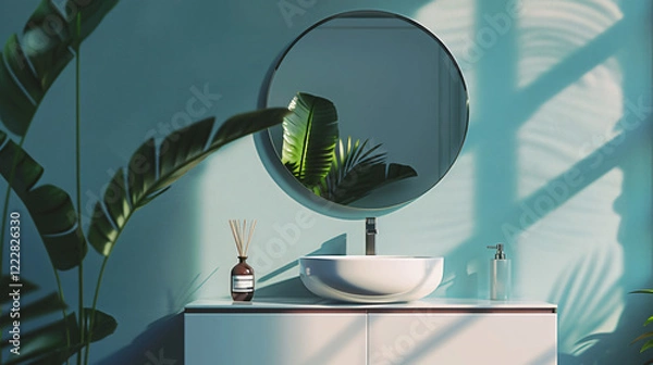 Fototapeta Modern Minimalist Bathroom with Floating Vanity and Frameless Mirror