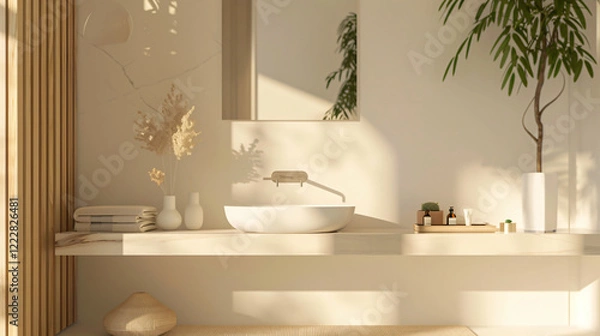 Fototapeta Modern Minimalist Bathroom with Floating Vanity and Frameless Mirror