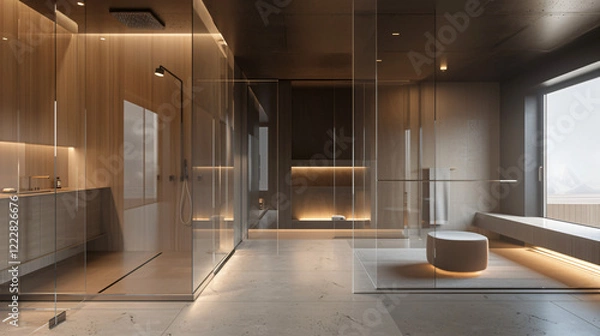 Fototapeta Modern Minimalist Bathroom with Walk-In Shower and Glass Partition