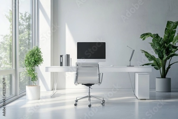 Fototapeta Modern Office Workspace with Large Windows and Minimalist Design