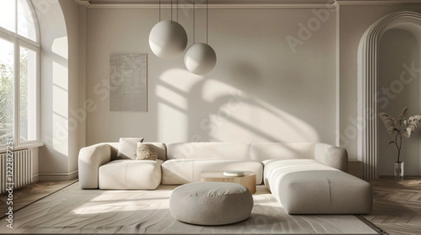 Fototapeta Minimalist Living Room with Modular Sofa and Statement Pendant Light