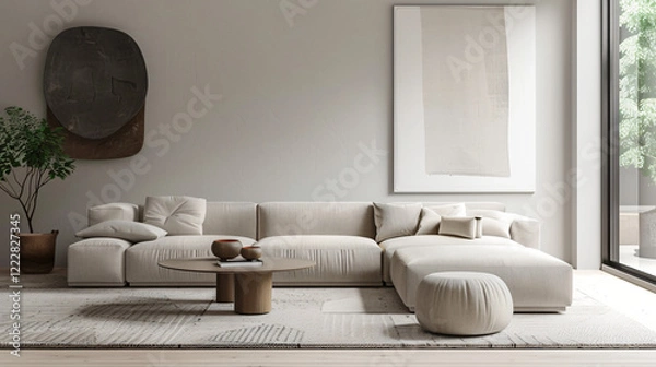 Fototapeta Minimalist Living Room with Neutral Palette, Simple Sofa, and Geometric Coffee Table