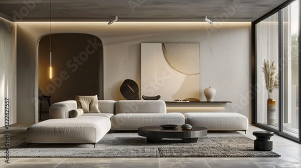 Fototapeta Minimalist Living Room with Neutral Palette, Simple Sofa, and Geometric Coffee Table