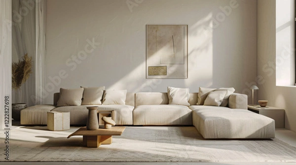 Fototapeta Minimalist Living Room with Neutral Palette, Simple Sofa, and Geometric Coffee Table