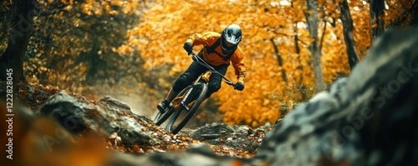 Fototapeta Mountain biker navigating rocky trail through vibrant autumn forest