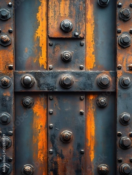 Fototapeta A background of industrial rivets and bolts arranged in geometric patterns.