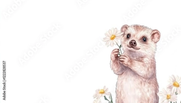 Fototapeta A cute, fluffy hedgehog holding a daisy flower against a white background, surrounded by more daisies