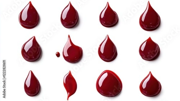 Fototapeta A collection of red paint drops arranged artistically on a white background.