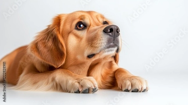 Obraz Golden Retriever dog with a sweet expression looking up. Generative AI