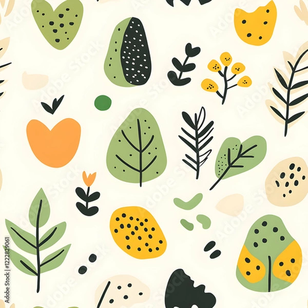 Fototapeta A colorful pattern featuring abstract plants and shapes on a light background.