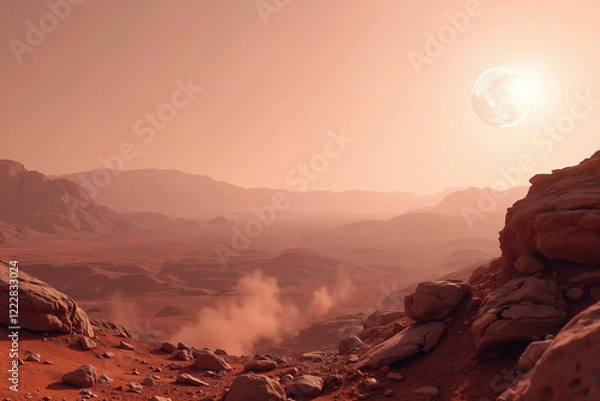 Fototapeta Mars rocky terrain under pale pink sky with floating dust