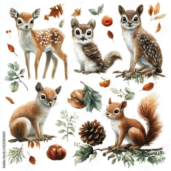 Obraz A charming illustration of woodland animals including a fawn, squirrel, and owl surrounded by autumn foliage