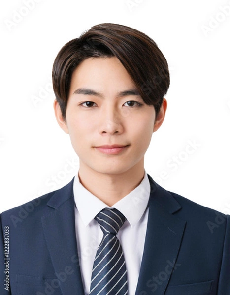 Obraz ダークスーツを着た若い男性の証明写真。白背景